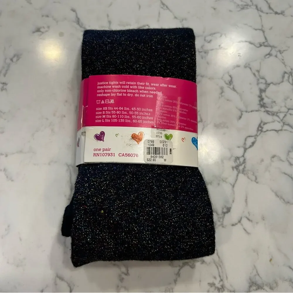 NWT Justice Black Rainbow Glitter Footed‎ Tights Size Kids/Youth Medium